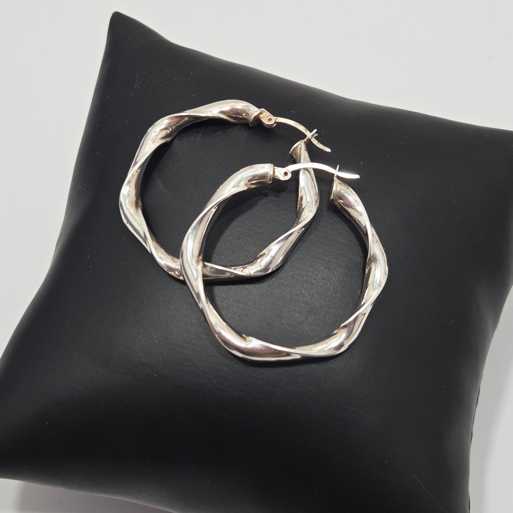VTG Atasay Kuyumculuk AK 925 Sterling Silver Turkey Twist Hoop Earrings 1- 1/4"